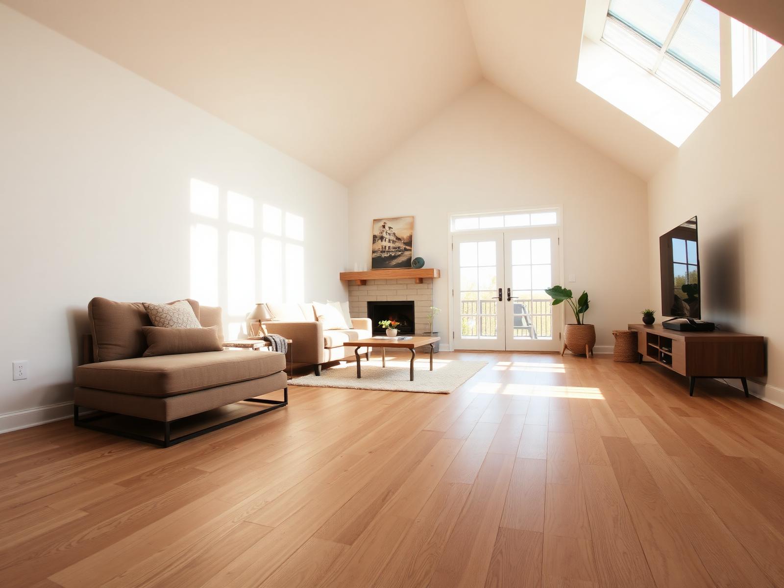 Wide-plank white oak hardwood flooring in a sunlit Idaho great room