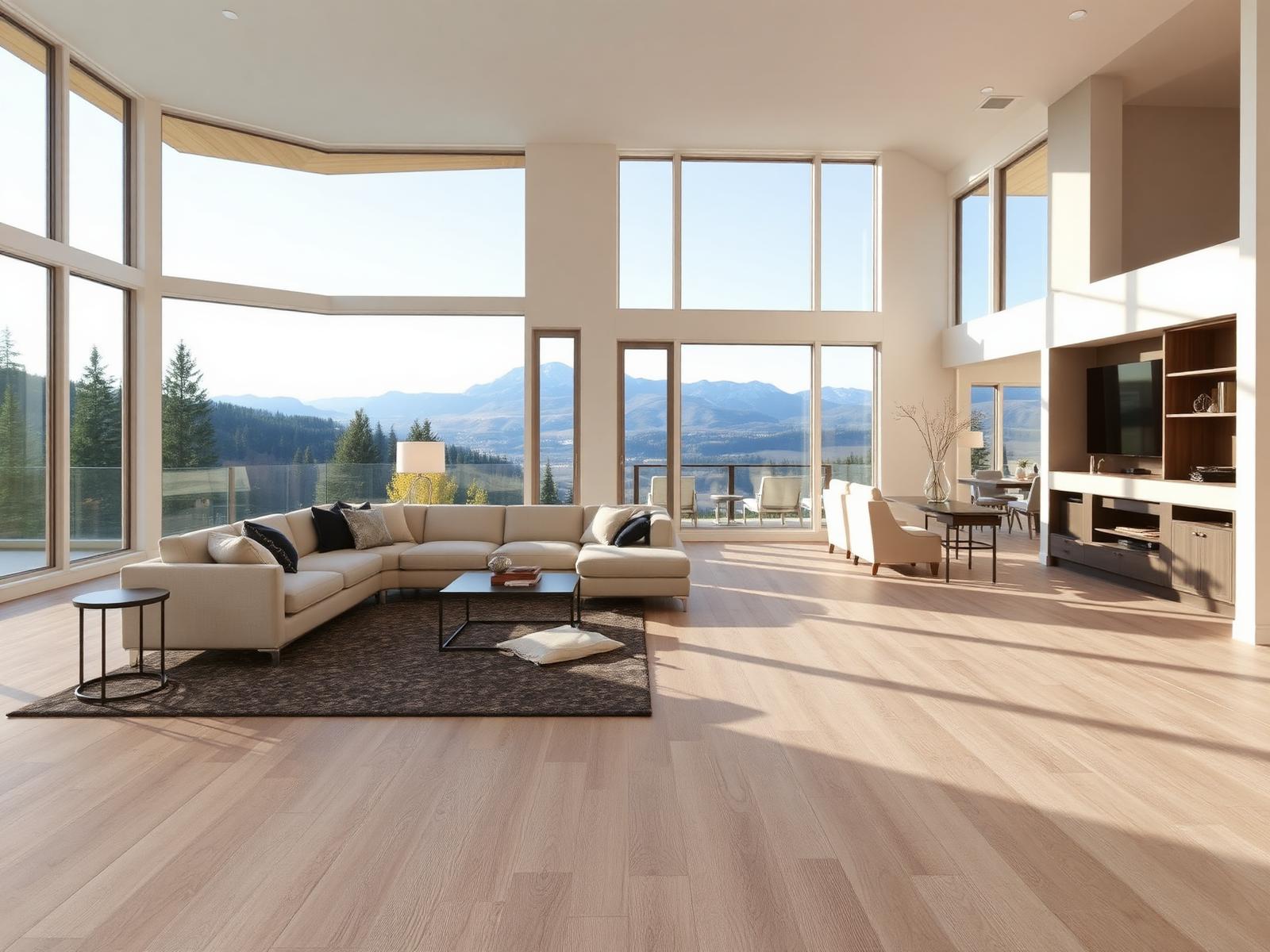 Luxury vinyl plank flooring in an open-concept Idaho home with mountain views