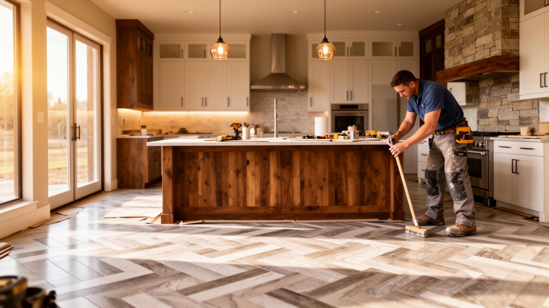 Herringbone porcelain tile kitchen floor in a Boise Idaho kitchen remodel